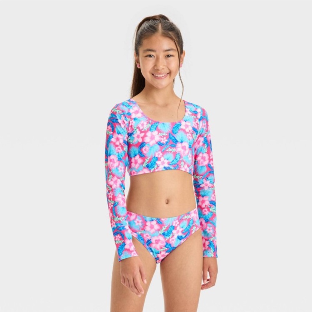 art class Pink and Blue Floral Kids Swim Rashguard